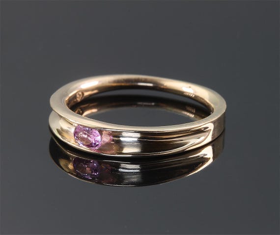 Our handmade 14K yellow gold and pink sapphire concave ring, stackable dainty feminine jewelry, gift for her, September birthstone