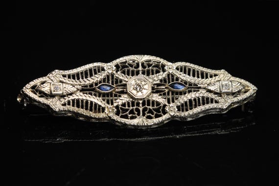 Vintage 14K white gold diamond and sapphire art deco brooch, feminine filigree jewelry, gift for her, Mother's day gift