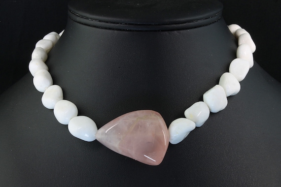 Rose quartz and white quartz beaded necklace 17" sterling silver clasp, gift for her, Mothers day gift, healing stones, pink, statement