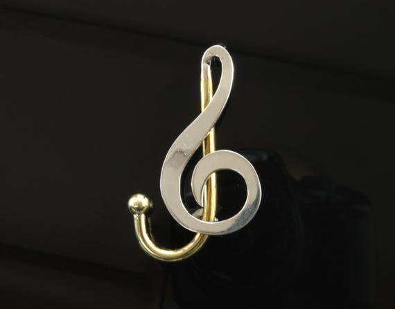 Vintage Taxco G clef sterling silver and brass brooch, music lover gift, musician, treble clef, musical notation, made in Mexico
