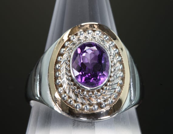 Vintage BA Saurti Balinese style sterling silver and 18K yellow gold amethyst ring size 10.25