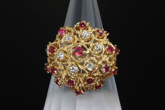 Vintage domed 14K yellow gold ruby and diamond ring