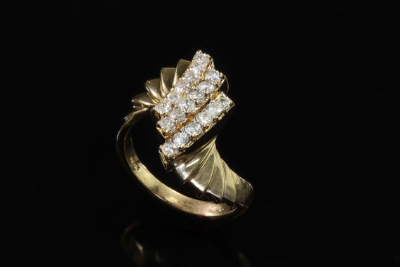 Vintage mid century style 14K yellow gold diamond ring, .72 ctw cocktail ring, twist and shout, sparkles, gift idea