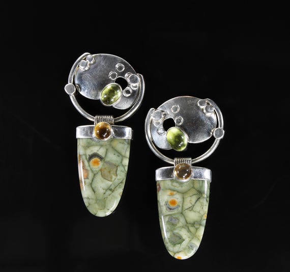 Vintage rainforest jasper, peridot and citrine sterling silver drop earrings, dangling ear candy, wearable art, statement estate jewelry