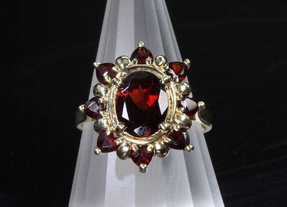 Vintage Garnet ring, 10K yellow gold, regal, royal jewelry January birthstone. Dark red wine colored gemstones