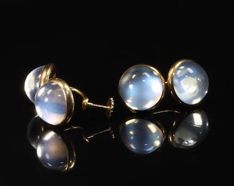 Victorian moonstone 14K yellow gold screw on earrings, non pierced, estate statement jewelry, glowing gemstones