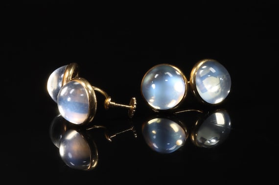 Victorian moonstone 14K yellow gold screw on earrings, non pierced, estate statement jewelry, glowing gemstones