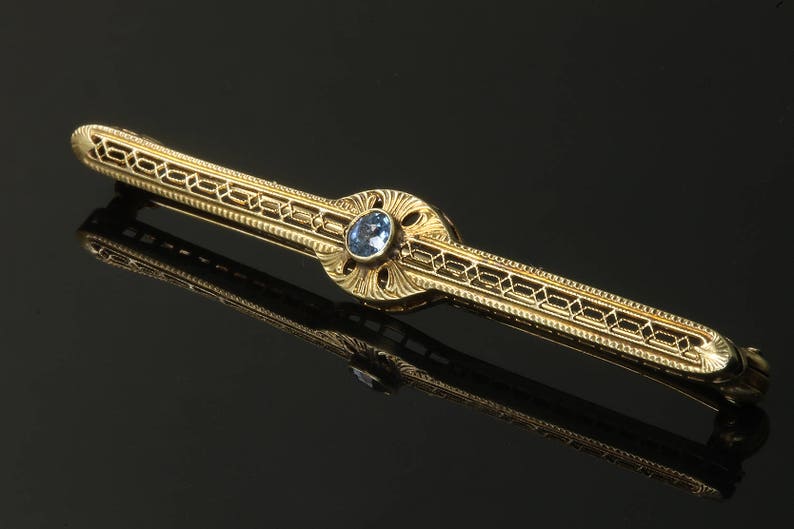 Vintage 14K Gold Art Deco Sapphire Bar Pin