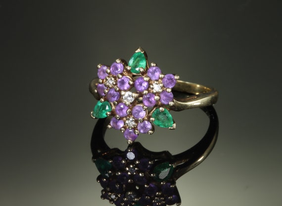 Vintage 14K yellow gold amethyst and emerald floral cocktail ring, "Violets in the Snow" Franklin mint 1993, Mother's Day gift