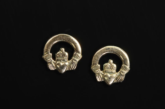 Vintage Irish Celtic 1985 9K yellow gold claddagh stud earrings, love loyalty friendship, hallmarked, statement jewelry gift for anyone
