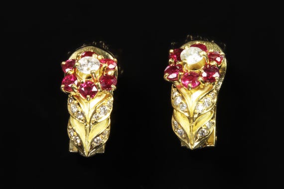 Vintage great estate find! 18K yellow gold, ruby and diamond flower secure omega back earrings, Valentine's day gift for her
