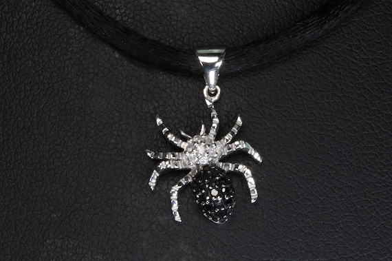 Vintage itsy bitsy spider pendant, 10K white gold, black and white diamonds, insect jewelry, arachnid gift for anyone, goth jewelry