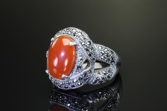 Vintage marcasite, Carnelian sterling silver ring, big bold and sparkly jewelry
