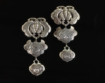 Vintage Stephen Dweck sterling silver clip on drop earrings, moth, flora, Goth ear candy