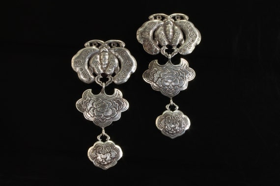 Vintage Stephen Dweck sterling silver clip on drop earrings, moth, flora, Goth ear candy