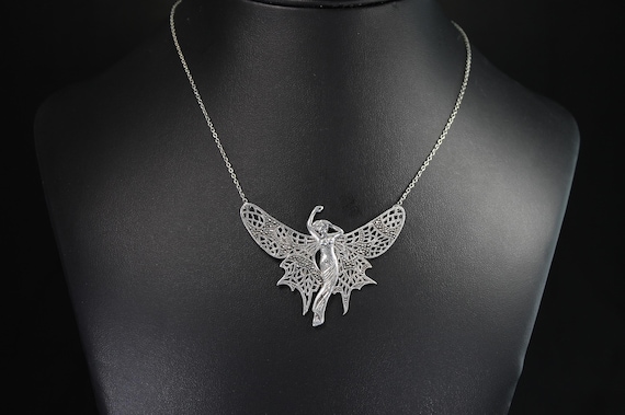 Vintage sterling silver and marcasite art nouveau fairy butterfly necklace, feminine jewelry, Mother's Day gift, statement piece