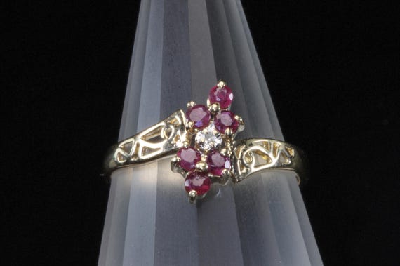 Vintage July birthstone 10K yellow gold ruby and diamond dainty filigree ring