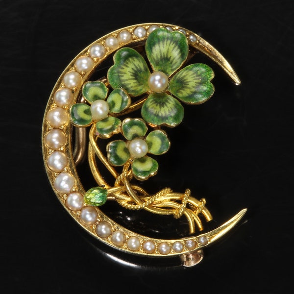Art Nouveau Krementz 14K yellow gold crescent moon brooch, seed pearls enameled 4 leaf clovers, feminine Valentines day gift idea