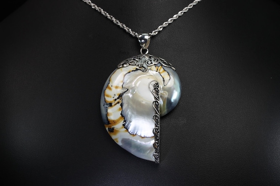 Vintage nautilus shell sterling silver pendant and 24” rope chain included, seashell jewelry, big and bold necklace, statement jewelry