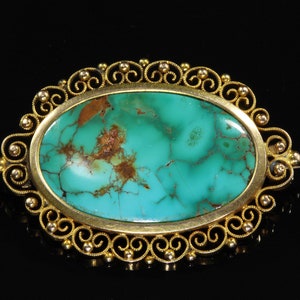 Vintage Victorian style 10K yellow gold and turquoise cabochon filigree brooch, statement jewelry