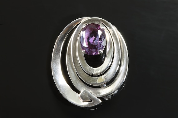 Vintage Miguel Melendez sterling silver synthetic alexandrite Modernist brooch, wearable art, Taxco jewelry