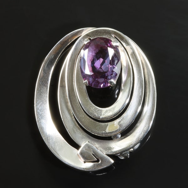 Vintage Miguel Melendez sterling silver synthetic alexandrite Modernist brooch, wearable art, Taxco jewelry