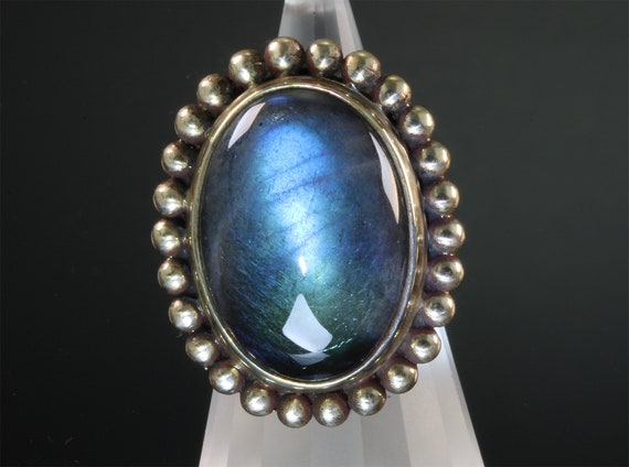 Vintage Stephen Dweck Sterling Silver Vermeil and Labradorite Cabochon Ring, statement jewelry, glowing, blue, treat yourself Size 6.5 Ony!