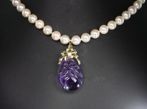 Fabulous estate find! Carved Purple Amethyst, 14K yellow gold and diamond pearl enhancer, pendant statement jewelry, February birthstone