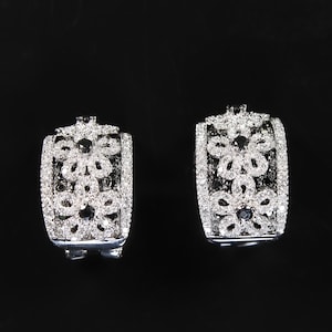 Vintage black and white diamond 14K white gold earrings, omega backs, Sparkles, gift for her, unique statement jewelry, ear candy