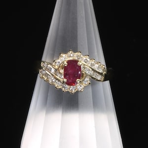 Vintage July birthstone 14K yellow gold ring with ruby and diamonds, cocktail ring, statement estate  jewelry, gift for her