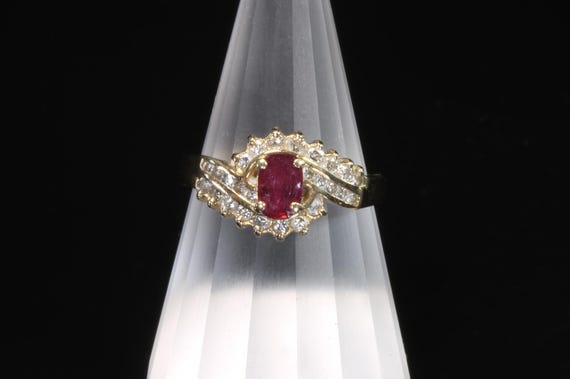 Vintage July birthstone 14K yellow gold ring with ruby and diamonds, cocktail ring, statement estate  jewelry, gift for her