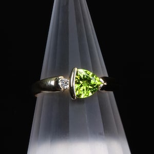 Handmade ring, 14K yellow gold, trillion cut peridot and .03 diamond, August birthstone, made by us in the USA! support small business!