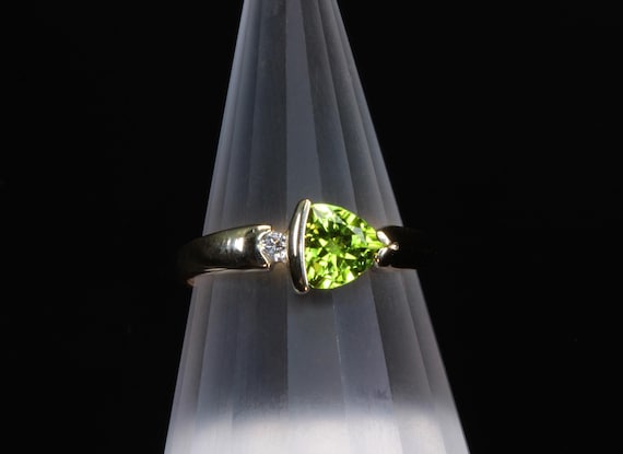 Handmade ring, 14K yellow gold, trillion cut peridot and .03 diamond, August birthstone, made by us in the USA! support small business!