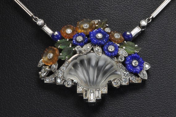 Amazing! Art deco era platinum 17" necklace with diamonds and gemstone flowers, fine statement estate jewelry, luxury item, gift idea, swoon