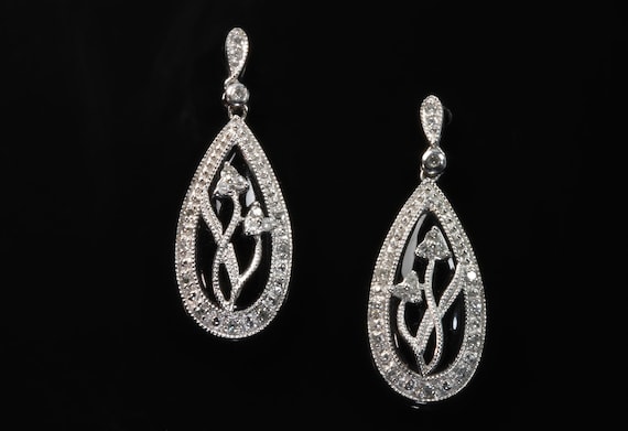 Vintage black onyx and diamond 14K white drop floral earrings