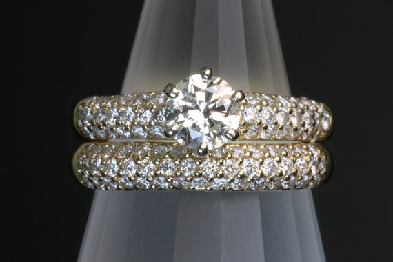 Vintage 14K Yellow gold diamond bridal wedding set, engagement ring wedding ring sparkles .99 tcw, size 5.5