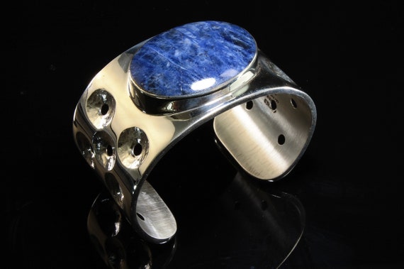 Vintage J Comes sterling sodalite cuff bracelet, Heavy! Big blue bold statement jewelry Wow!