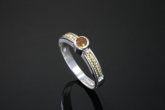 Handmade Sterling Silver and 18K Yellow Gold Orange Sapphire Ring, unisex jewelry, unique wedding ring