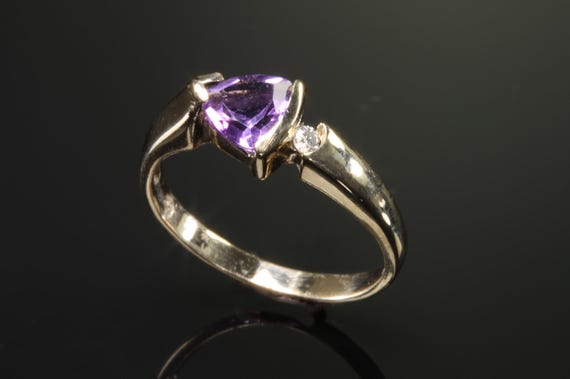 Handmade ring, 14K yellow gold, trillion cut Amethyst and .03 diamond, February birthstone, made by us in the USA! support small business!