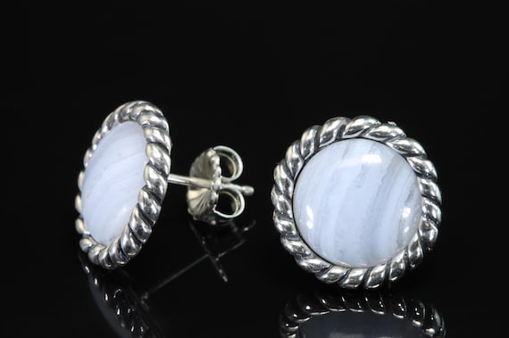 Vintage Carol Pollack 925 sterling silver and blue lace agate  stud earrings
