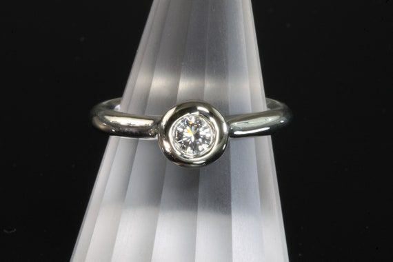 Handmade solitaire .25 carat diamond engagement ring, 14K white gold, mod, thick, round, unique!