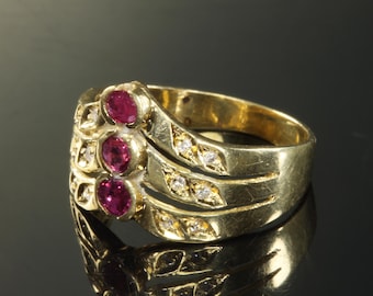 Anello artigianale vintage in oro giallo 18 carati con rubini e diamanti, solo misura 8,5, gioiello di valore