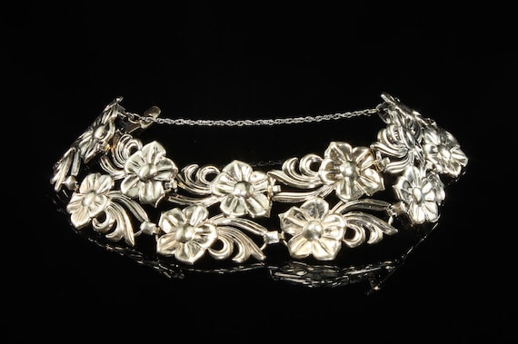 Vintage Symmetalic sterling silver and 14K yellow gold floral bracelet