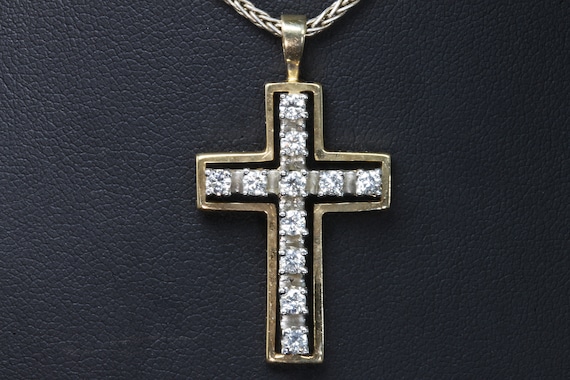 Vintage 14K two tone gold and .66 ctw diamond cross, unisex symbolic jewelry, faith