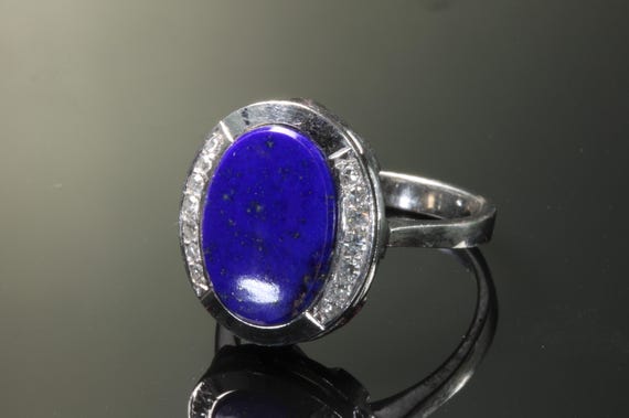 Vintage Lapis lazuli and diamond 14K white gold ring,  Unisex statement jewelry, blue gemstone, sparkles, gift for him or her, size 7.5 only