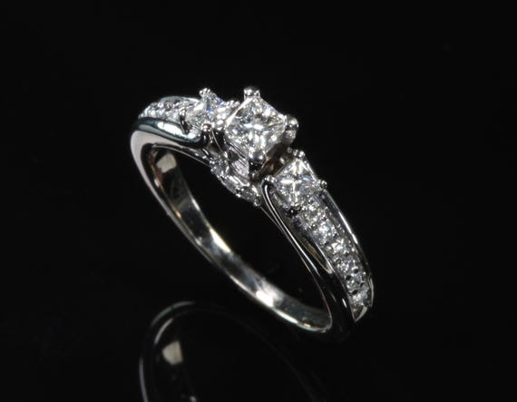Vintage 14K white gold and 3 princess cut .61 ctw diamond engagement ring, sparkles! marry me, Valentine's Day gift for her, Love