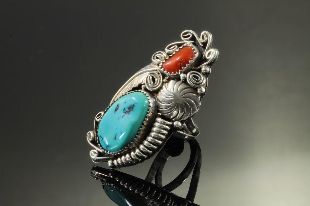 Vintage Freeform Turquoise and Red Coral Native Style Ring ...