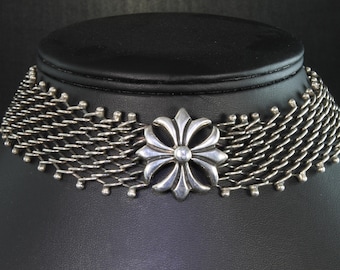 Vintage sterling silver mesh and maltese style cross choker, goth jewelry, neckwear