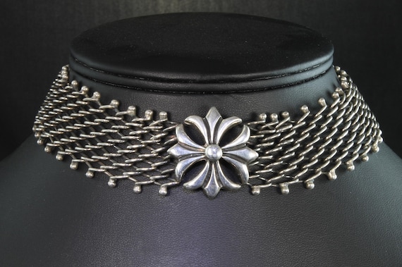 Vintage sterling silver mesh and maltese style cross choker, goth jewelry, neckwear