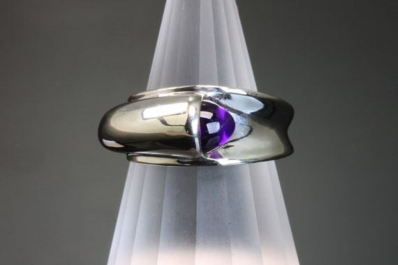 Handmade 14K White Gold Ring with Amethyst Bullet Cabochon, unique unisex jewelry, February’s birthstone, purple lovers gift idea